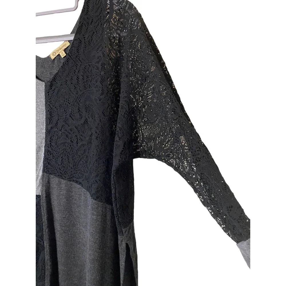 Democracy Top Black Lace Over Gray Soft Cotton Raglan color block asymetric Sz S - Picture 4 of 6
